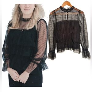 River Island Black Sheer Mesh Polka Dot Blouse – UK 12 (Fits Medium)